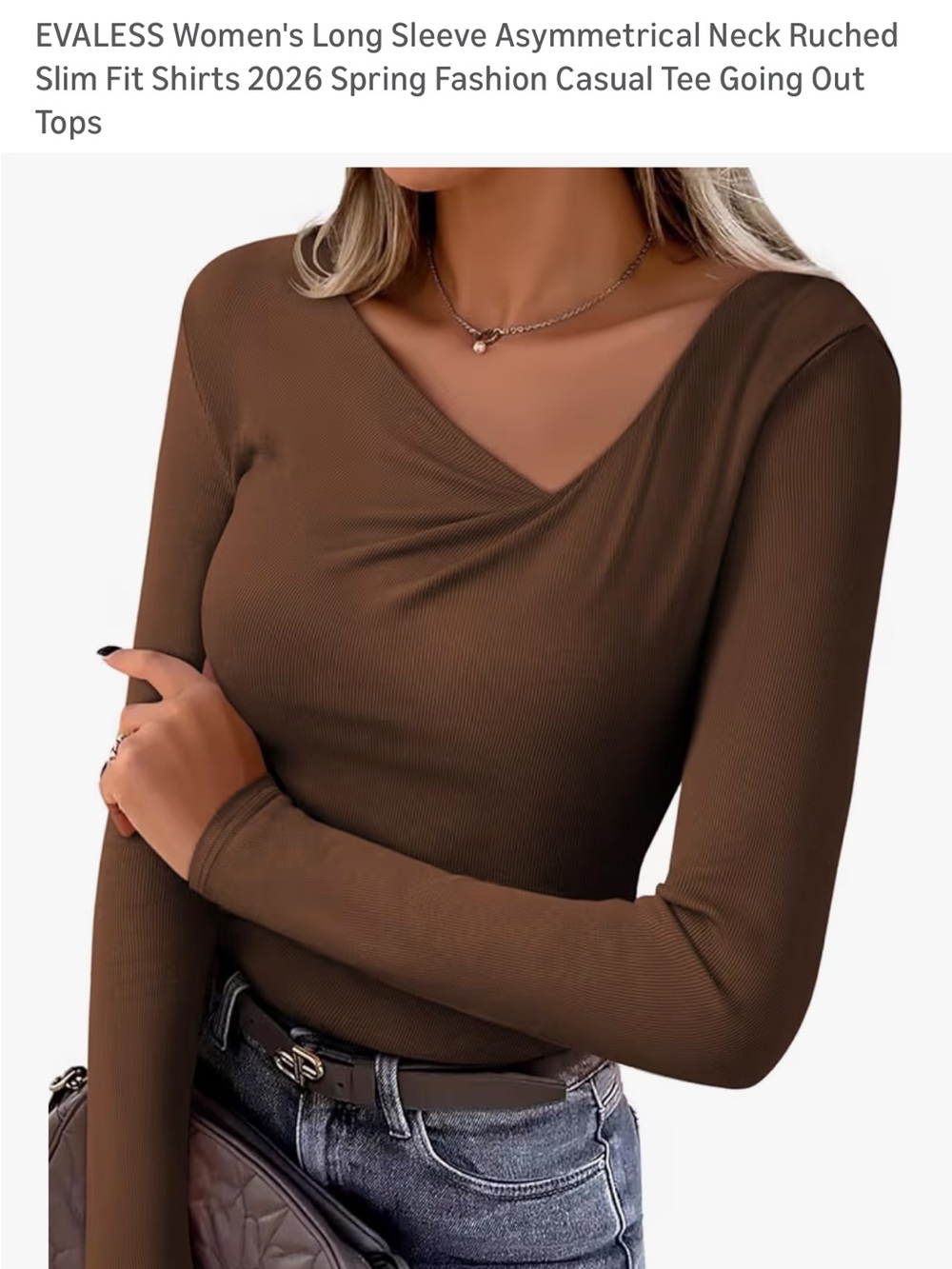 EVALESS Brown Asymmetrical Neck Long Sleeve Slim Ribbed Top NEW